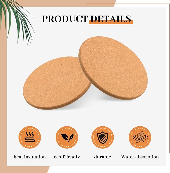 Boao 6 Pcs 4 Inch Round Absorbent Cork Coasters Wooden Cork Plant Coasters