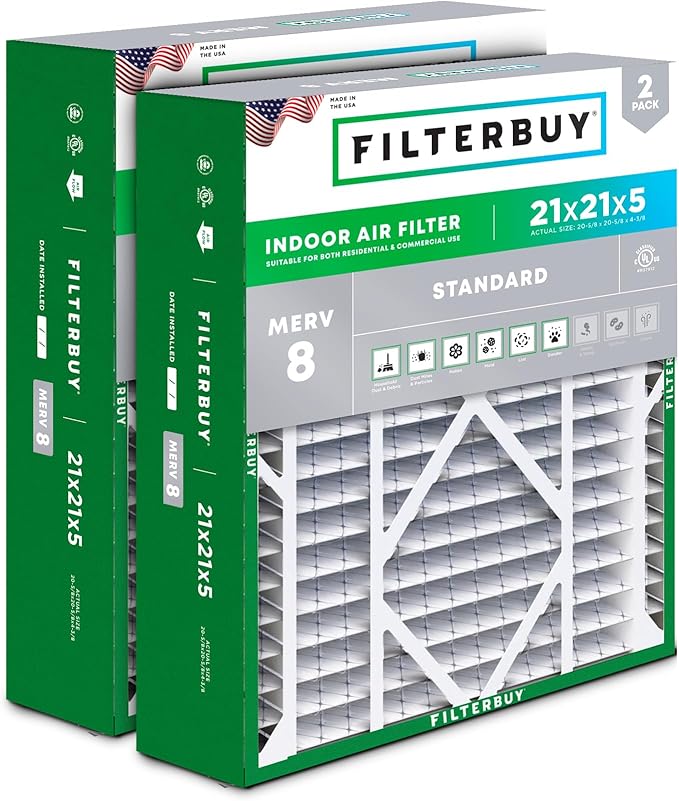 Filterbuy 21x21x5 Air Filter MERV 8 Essential Dust & Allergy Defense,