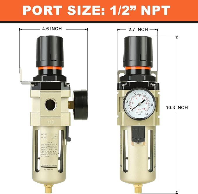 Hromee 1/2 Inch Compressed Filter Regulator Combo, Air Compressor Water Oil