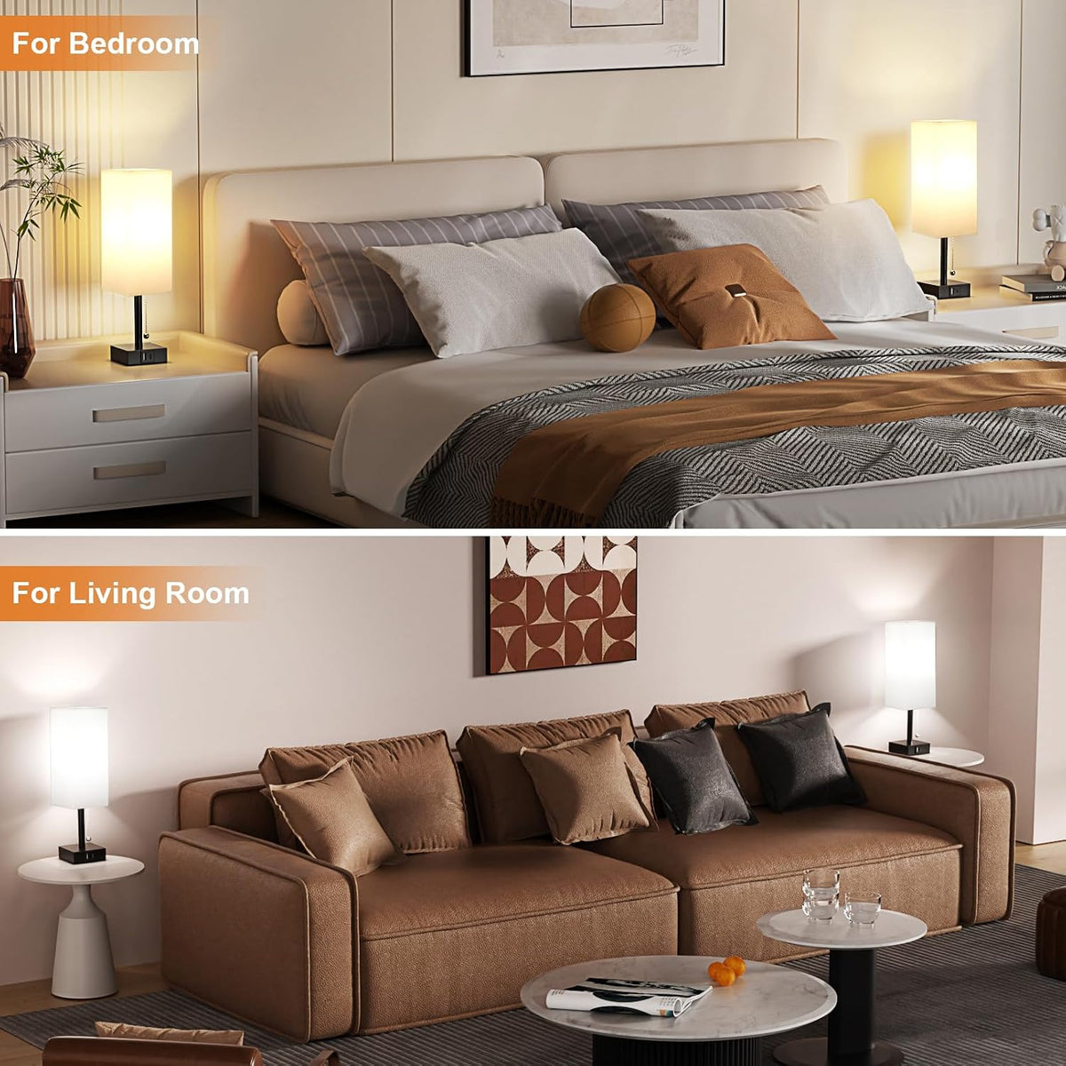 Set of 2 White Bedside Table Lamps for Bedroom - Nightstand Lamp, USB C+A