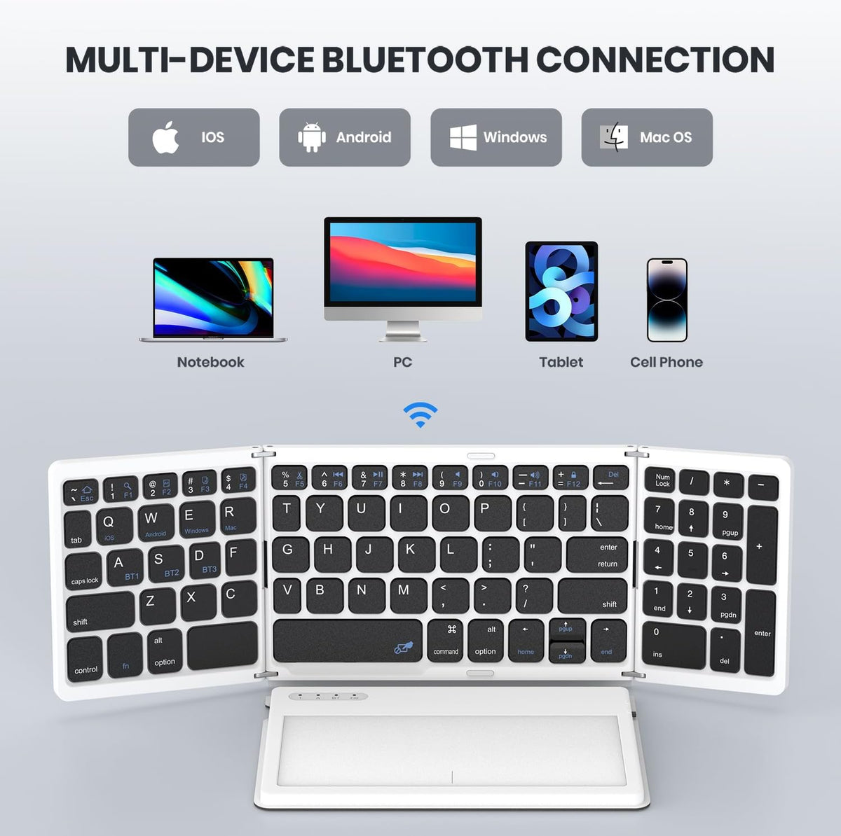 GEODMAER Foldable Bluetooth Keyboard, Portable Full Size Folding Keyboard with Large Touchpad, Numeric Keypad, PU Leather, Wireless TravelKeyboard for Windows iOS Android Mac(Black-White)