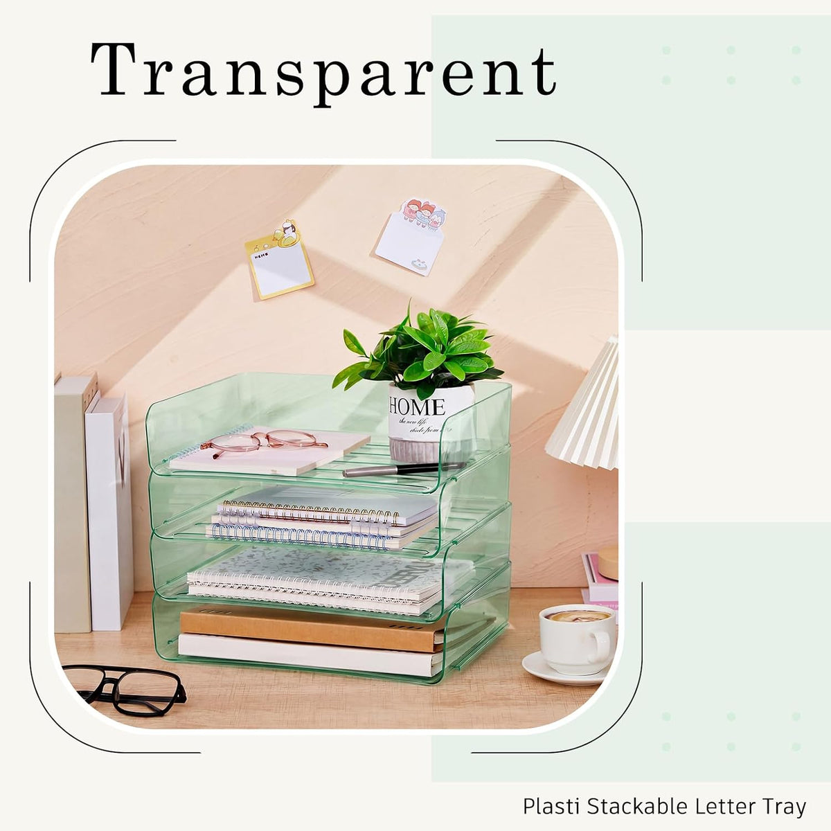 Harloon 4 Tier Clear Sage Green Acrylic Paper Organizer Letter Tray, Aesthetic Stackable Desk File Organizer Paper Holder Office Tray for A4, Modern Office Classroom Home File Pad Books Notes