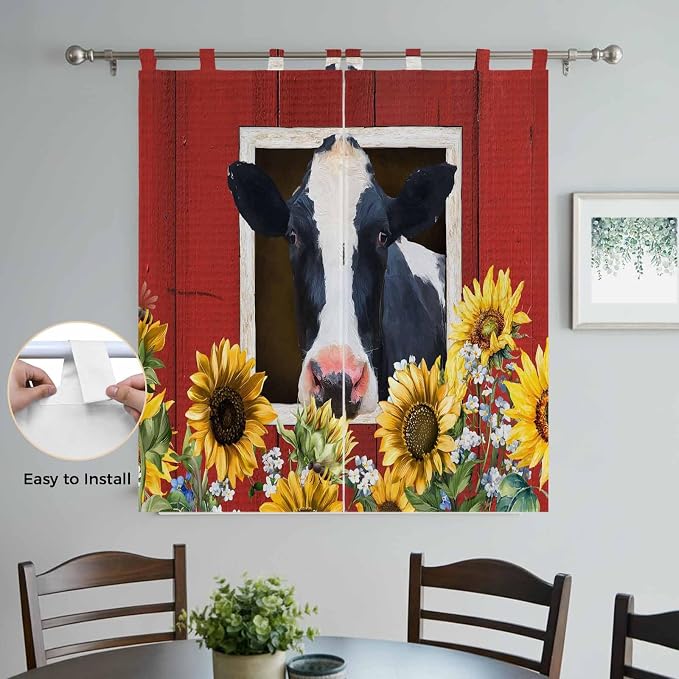 Cow Sunflowers Bedroom Curtains 72 Inch Length, Window Curtains Tab Top