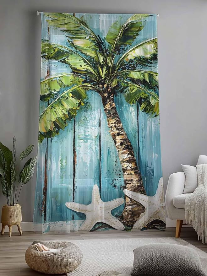Sheer Curtains 108 Inches Long, Coastal Beach Starfish Semi Sheer Curtains