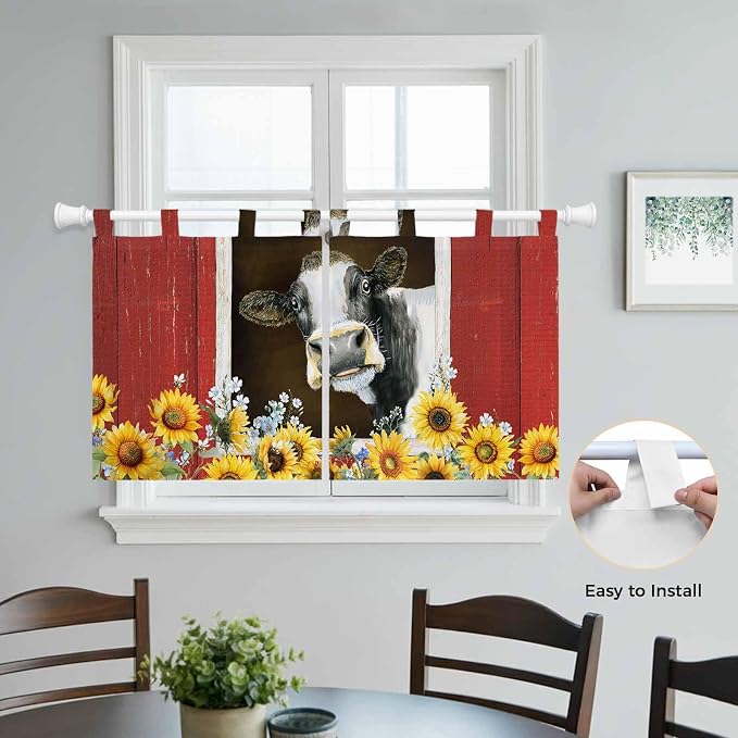 Cows Sunflowers Kitchen Curtains 36 Inch Length, Small Window Curtains Tab Top