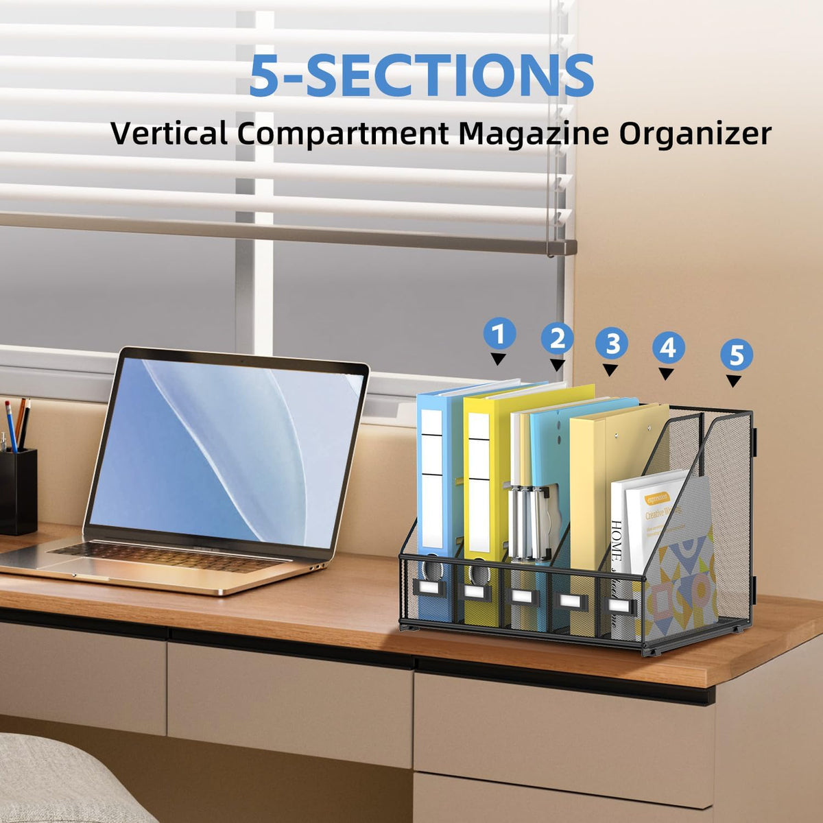 5 Vertical Compartments Magazine File Holder, Metal Binder Organizer, Black