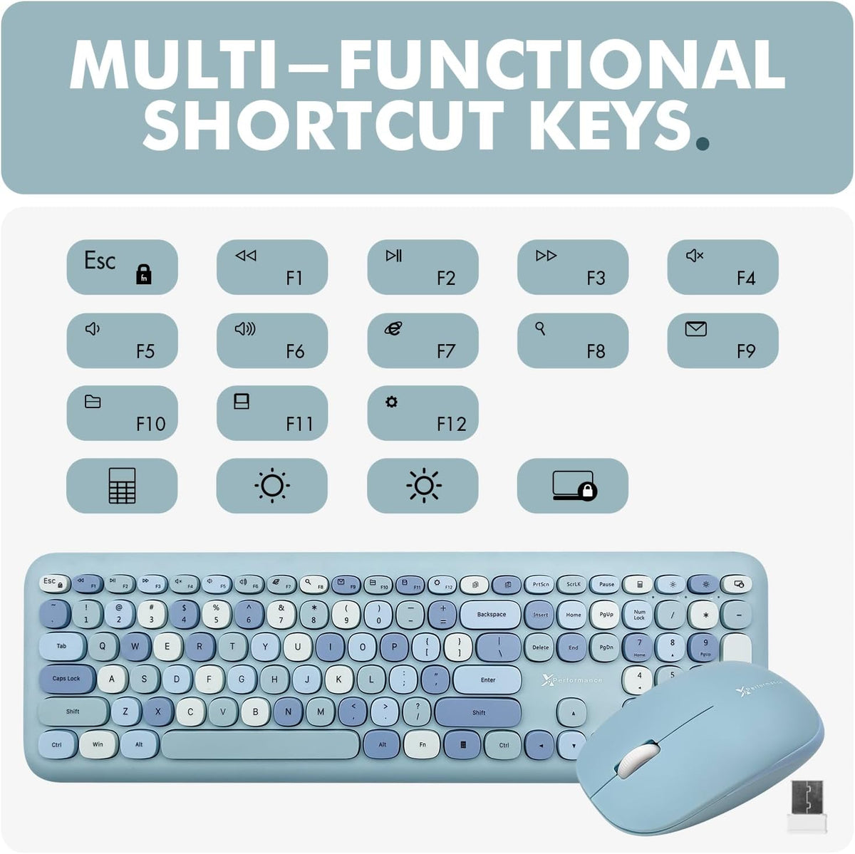 X9 Cute Wireless Keyboard and Mouse Combo - Retro Typewriter Keyboard and Mouse with Round Bubble Keys, 110 Keys and 18 Shortcuts Keyboard - Colorful Blue Keyboard Mouse Combo for PC Computer, Laptop