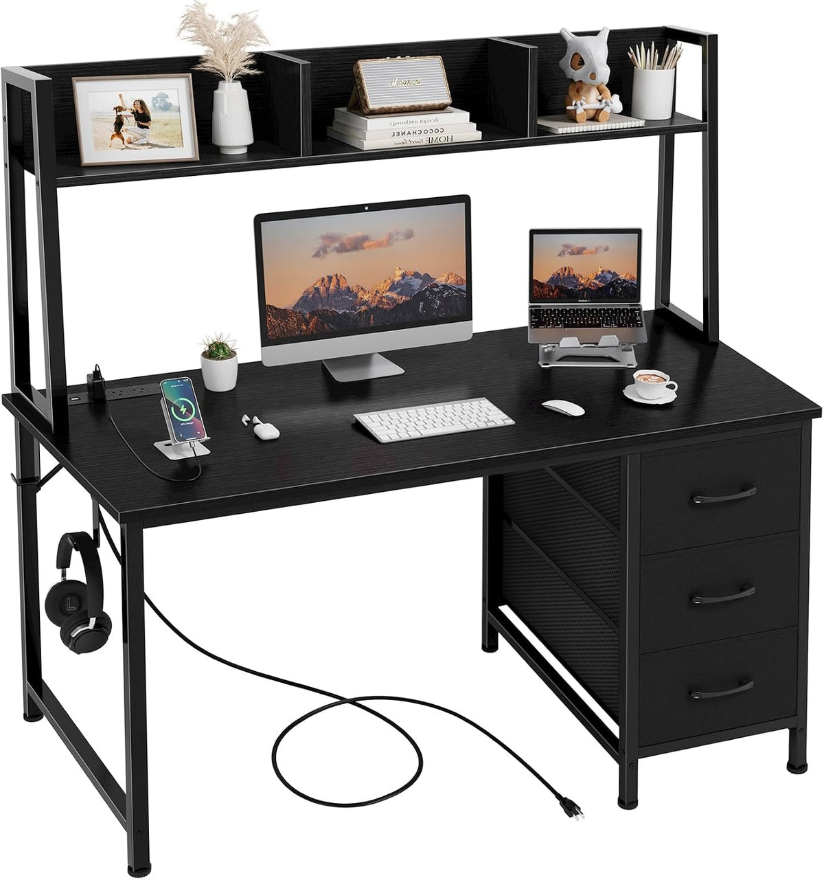DLisiting Black Computer Desk with Hutch & Drawers, 47 Inch