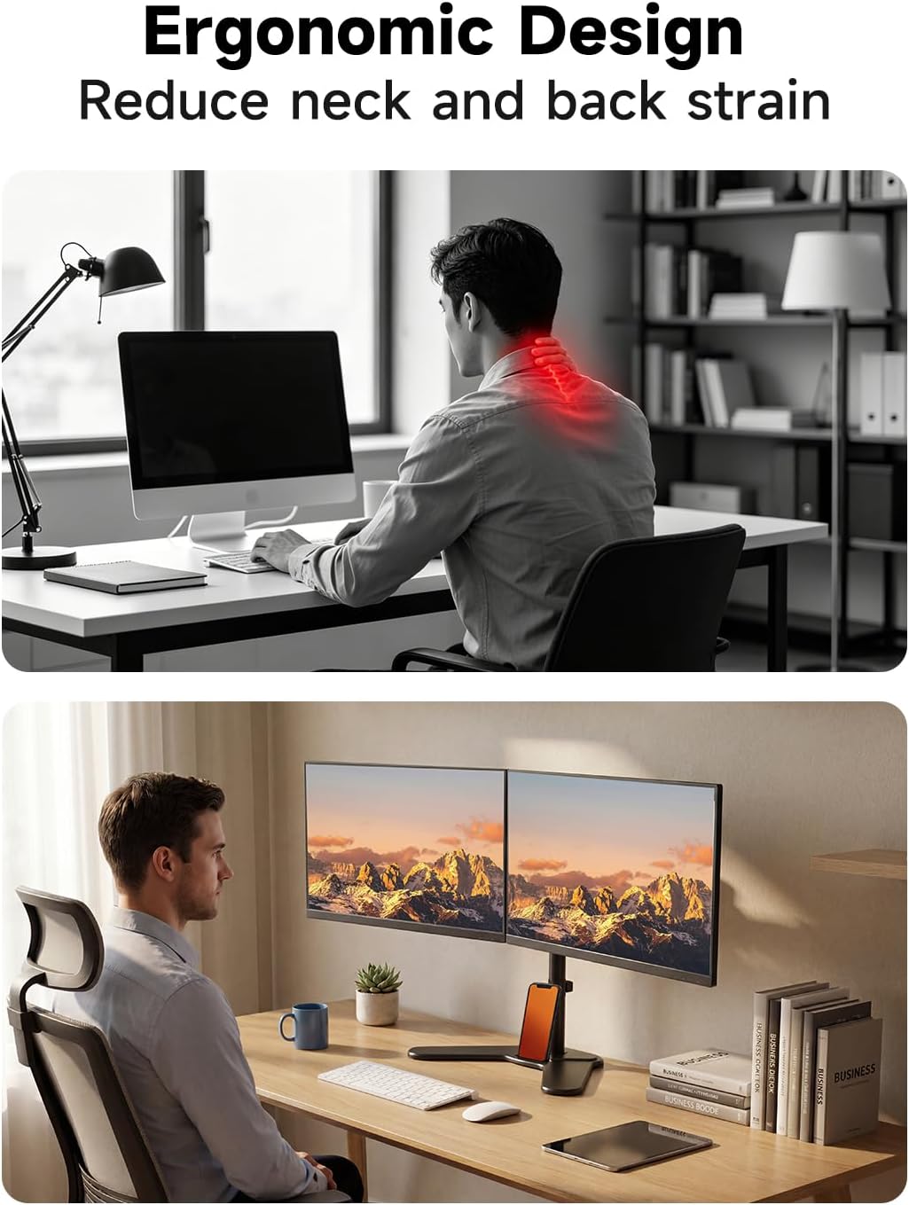 Bracwiser Dual Monitor Stand Mount, Free-Standing Full Motion Monitor Desk Mount for Two 13-32 inch, 15.43lbs, Adjustable Angle Height Monitors Arm, Desk Stand, Ergonomic L Feet, Black (ML7442)