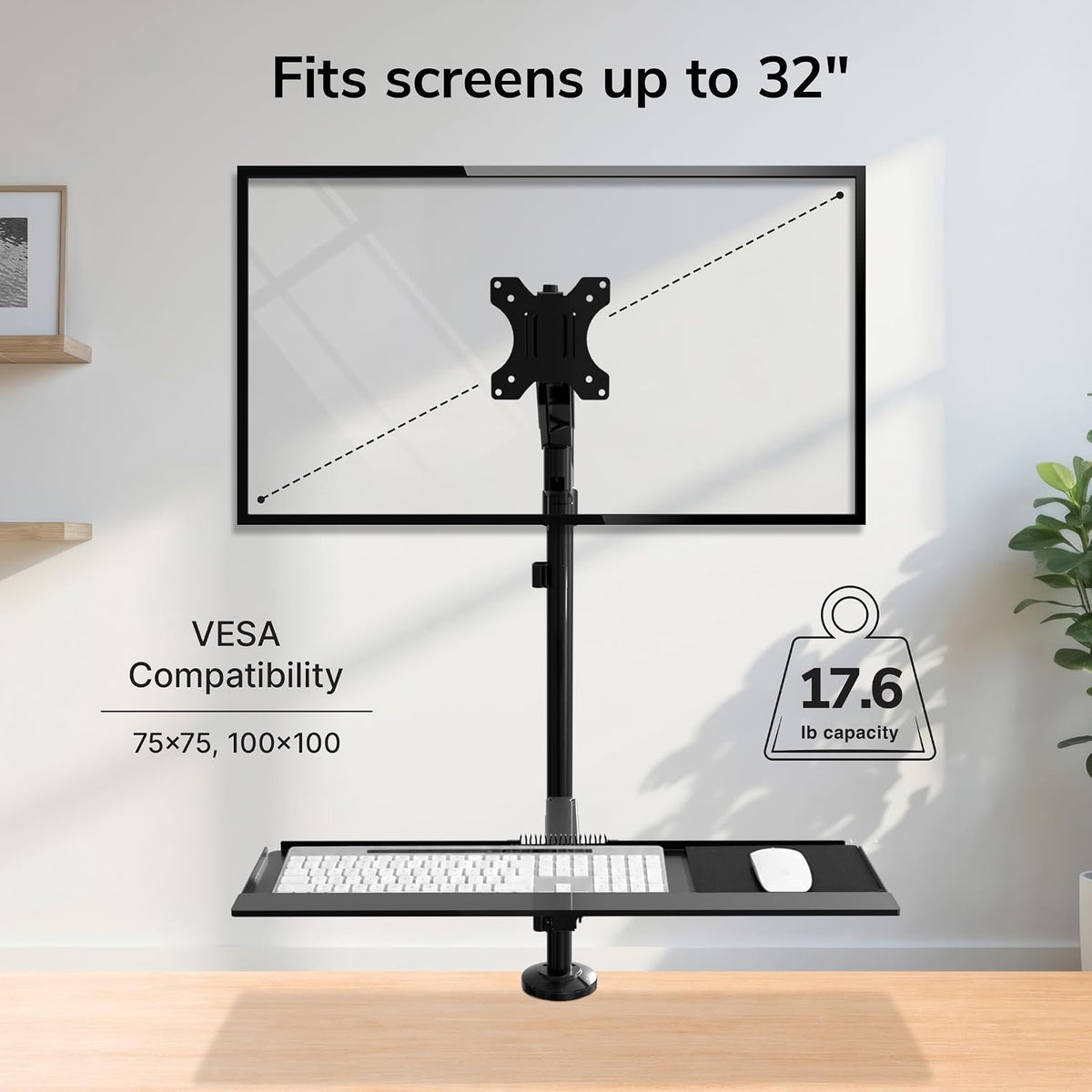 Mount-It! Sit-Stand Monitor Arm Desk Mount with Keyboard Tray, Single Monitor Fits Up to 32”, Height Adjustable Gas Spring, Full Motion Articulating Arm, Clamp or Grommet, Black