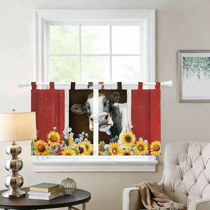 Cows Sunflowers Kitchen Curtains 36 Inch Length, Small Window Curtains Tab Top