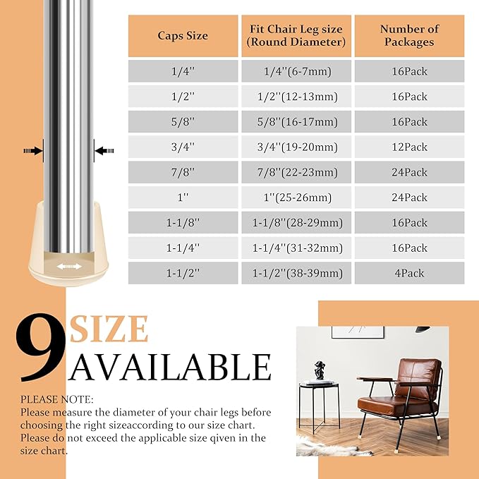 1-1/2" Round Rubber Chair Leg Tips Caps, Chair Leg Floor Protectors, Non-Slip