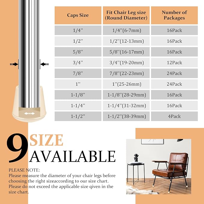 1" Round Rubber Chair Leg Tips Caps, Chair Leg Floor Protectors, Non-Slip