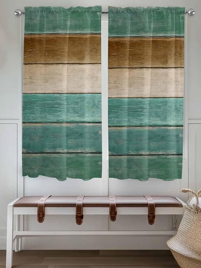 Vintage Plank Turquoise Brown Window Valance Curtains, Farmhouse Wood Grain