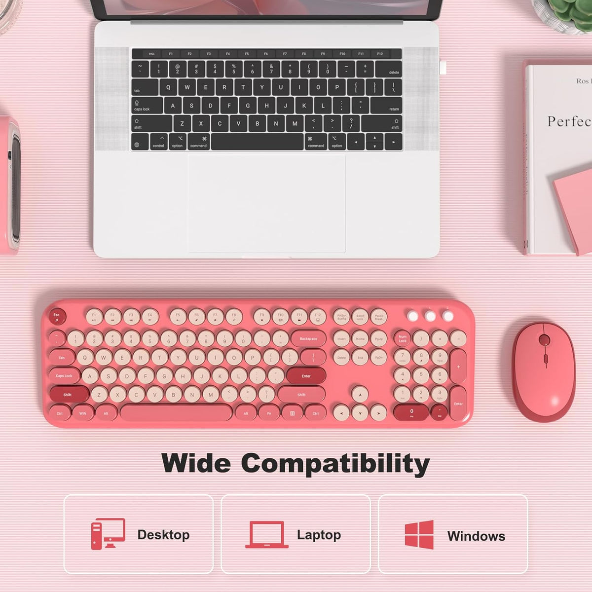 MOFII Wireless Keyboard and Mouse Combo, Cute Keyboard Full Size and Wireless Mouse, 2.4GHz Retro Typewriter Keyboard Mouse Set for PC/Desktop/Laptop/Windows (Hot Pink)