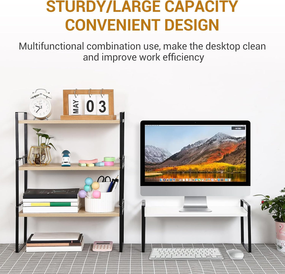 YGYQZ Desk Shelf Organizer for Top of Desk, 3-Tier Desktop Bookshelf, Black & Wood