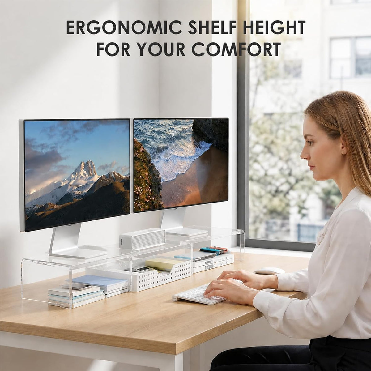 OPNICE Clear Acrylic Desk Organizers and Accessories, Dual Monitor Stand Riser with Drawer and 2 Pen Holders, Desk Shelf Printer Stand for Office Workspace Organizers, Desktop Organization (Transparent)