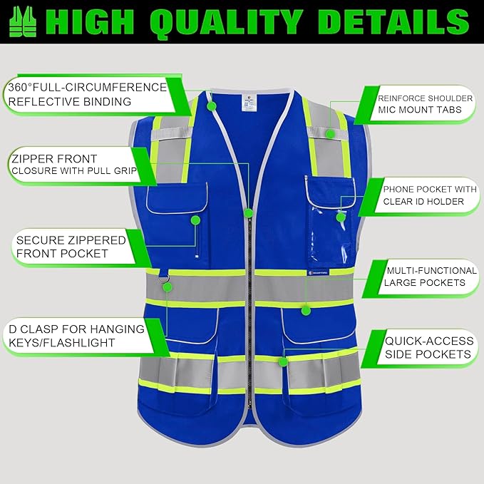BeautyWill Custom Logo Safety Vest 8 Pockets Class2 ANSI Certified High Visibility Reflective Vest for Men - Personalized Logo Heavy-Duty Work Vest（Blue，XXL）