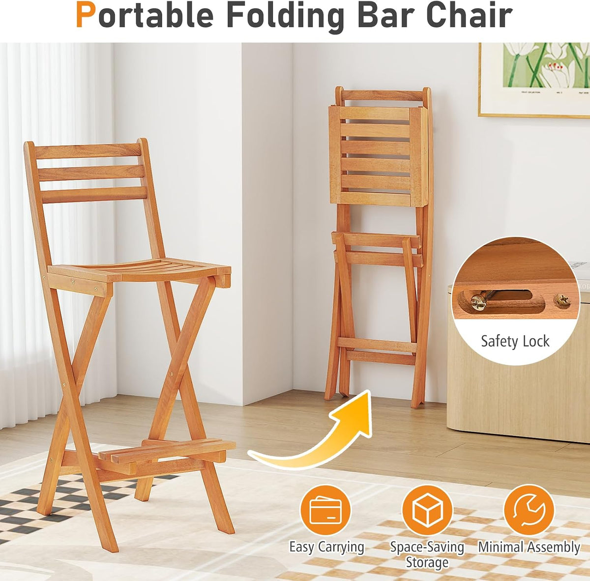 Tangkula Patio Folding Barstool, Outdoor Portable High Top Acacia Wood Bar Height Chair with Backrest & Footrest,for Backyard, Garden, Front Porch (1)