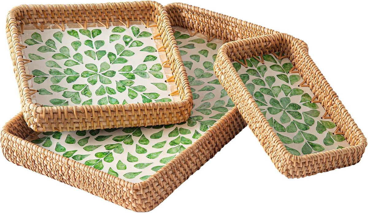 Set of 3 Rattan Serving Trays with Mother of Pearl, Terrekraft