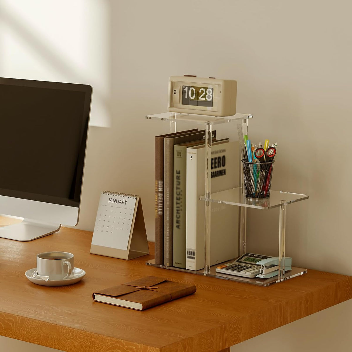 Acrylic Desktop Bookshelf, 7.9" D x 15" W x 15.3" H, Small Desktop Shelves Organizer, 3-Tier Clear Mini Table Top Shelf for Office Supplies and Desk Accessories, Easy Assembly