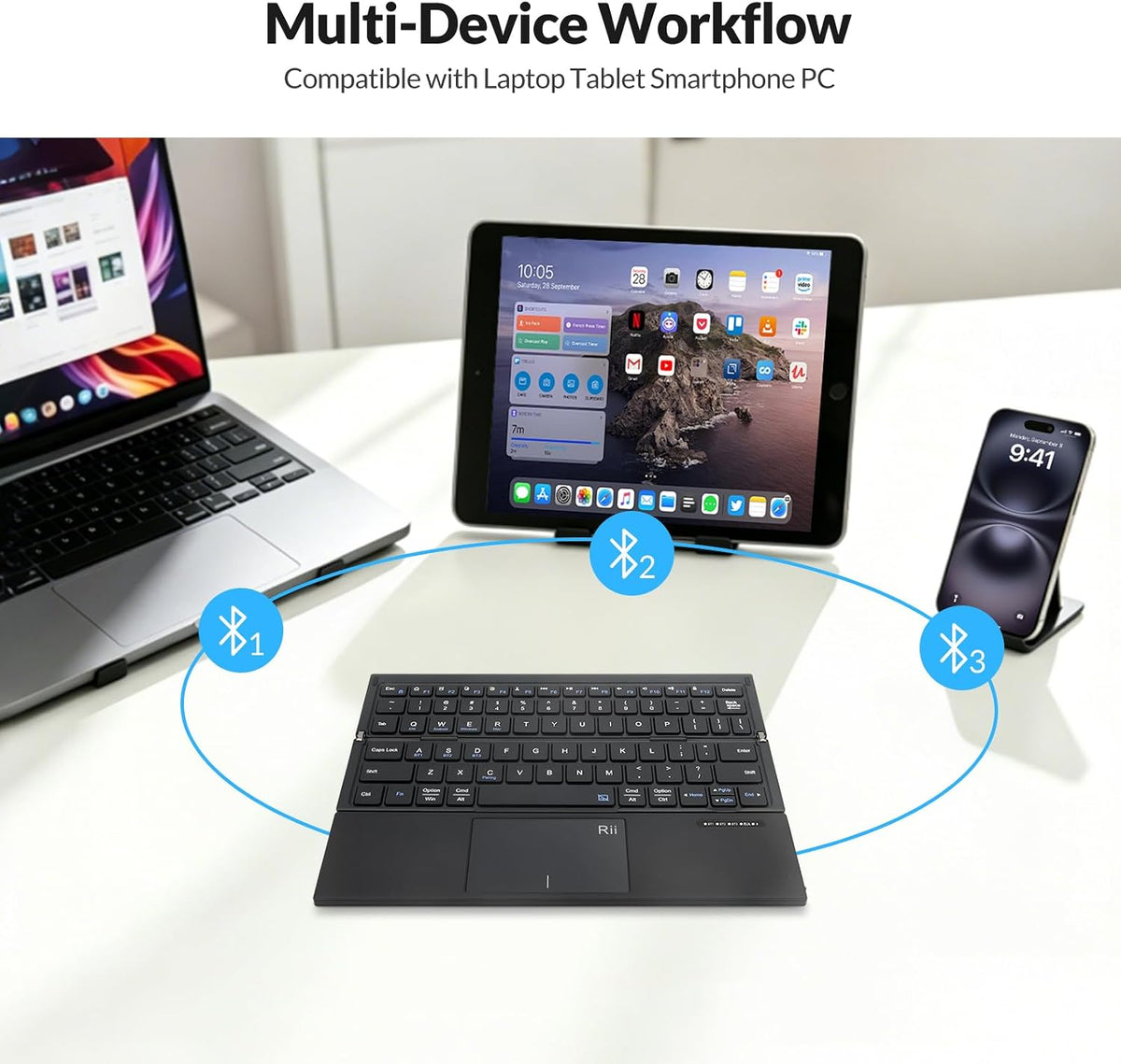 Rii Tri-Foldable Bluetooth Keyboard with Touchpad,Rechargeable RK811