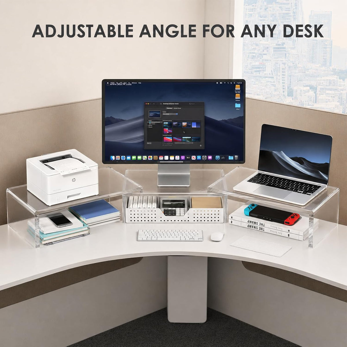 OPNICE Clear Acrylic Desk Organizers and Accessories, Dual Monitor Stand Riser with Drawer and 2 Pen Holders, Desk Shelf Printer Stand for Office Workspace Organizers, Desktop Organization (Transparent)