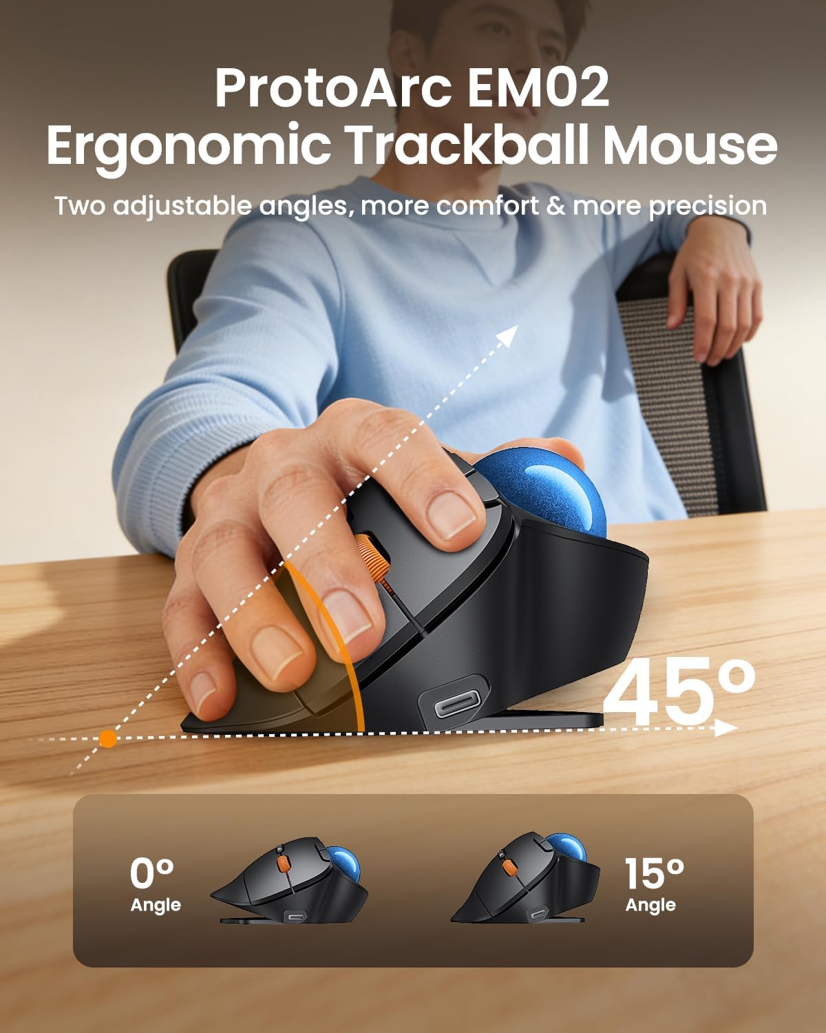 ProtoArc EM02 Wireless Trackball Mouse, 0/15° Adjustable Angle, Blue