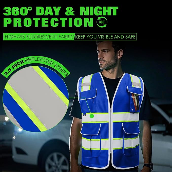 BeautyWill Custom Logo Safety Vest 8 Pockets Class2 ANSI Certified High Visibility Reflective Vest for Men - Personalized Logo Heavy-Duty Work Vest（Blue，3XL）