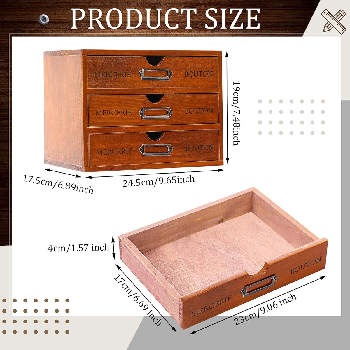 Wesiti Wooden Desk Organizer, 3 Drawers, Vintage Makeup Cabinet, Brown