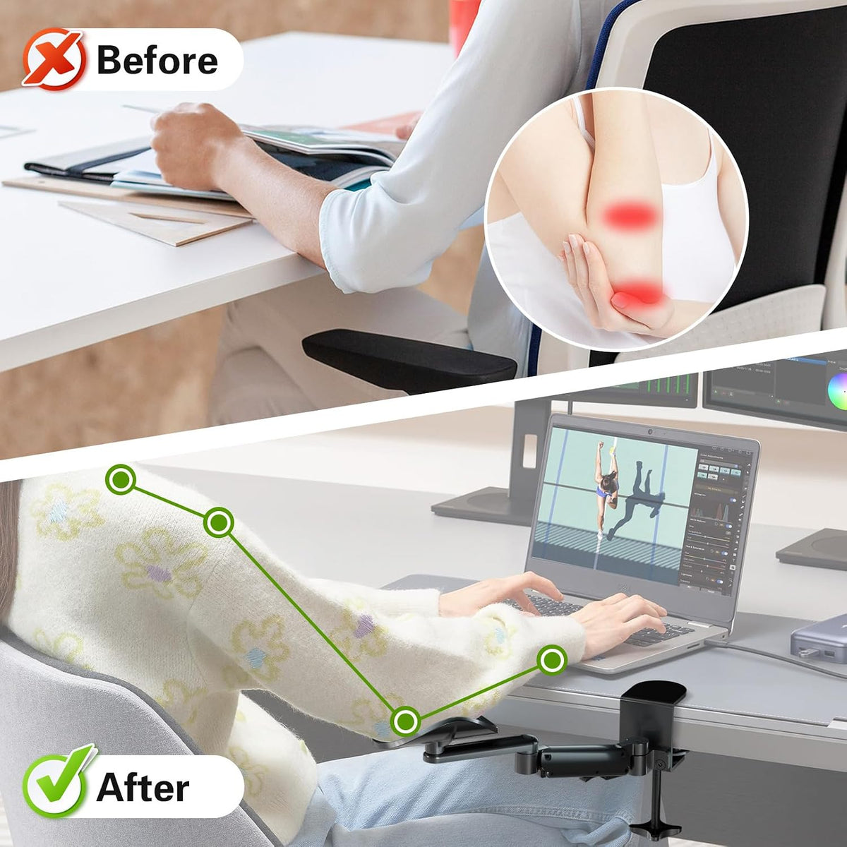 JOY worker Clamp-on Adjustable Arm Rest, 360° Rotating Elbow Rest for Desk