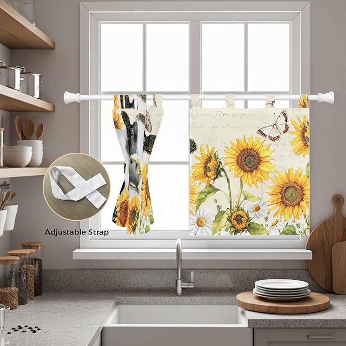 Yellow Sunflowers Kitchen Curtains 24 Inch Length, Small Window Curtains Tab Top