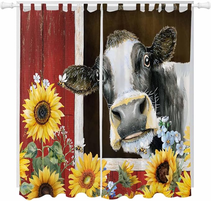 Cows Sunflowers Living Room Curtains 96 Inch Length, Window Curtains Tab Top