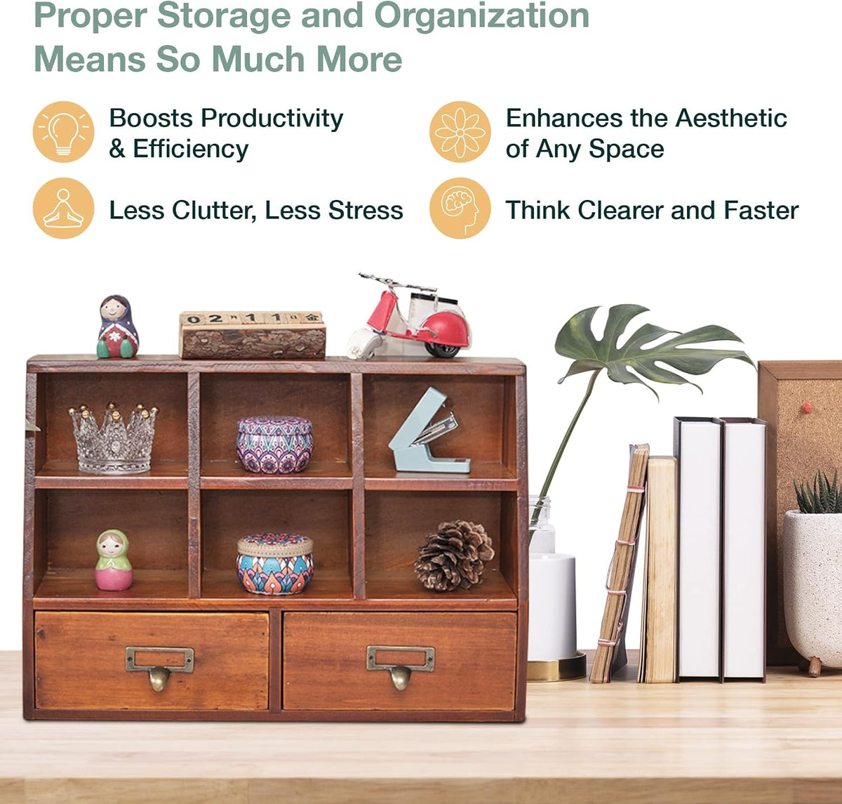 Desktop Mini Pigeon Hole Drawer Organizer - Vintage Farmhouse Wooden Shelves with 6 Compartments & 2 Drawers - Mahogany Wood Drawer Box Display Stand - Office Study Table Organizing Cabinet