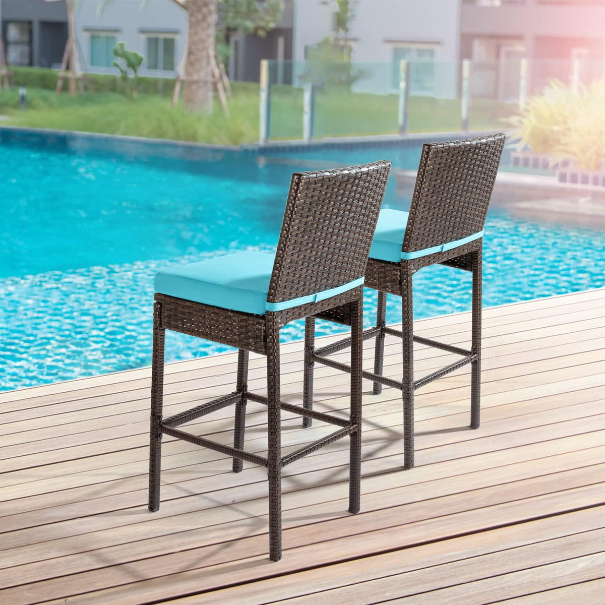 Outdoor Patio Stools & Bar Chairs Set of 2 Wicker Woven Outdoor Bar Stools Bar Height Chairs High Back with Footrest Armless Cushion Blue All Weather Patio Seating for Garden Pool Lawn Backyard