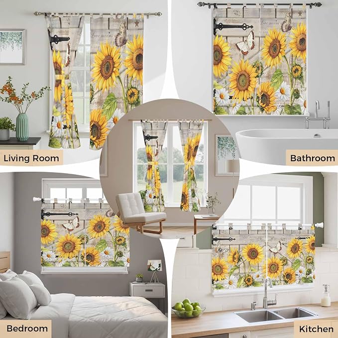 Farm Flowers Kitchen Curtains 36 Inch Length, Small Window Curtains Tab Top