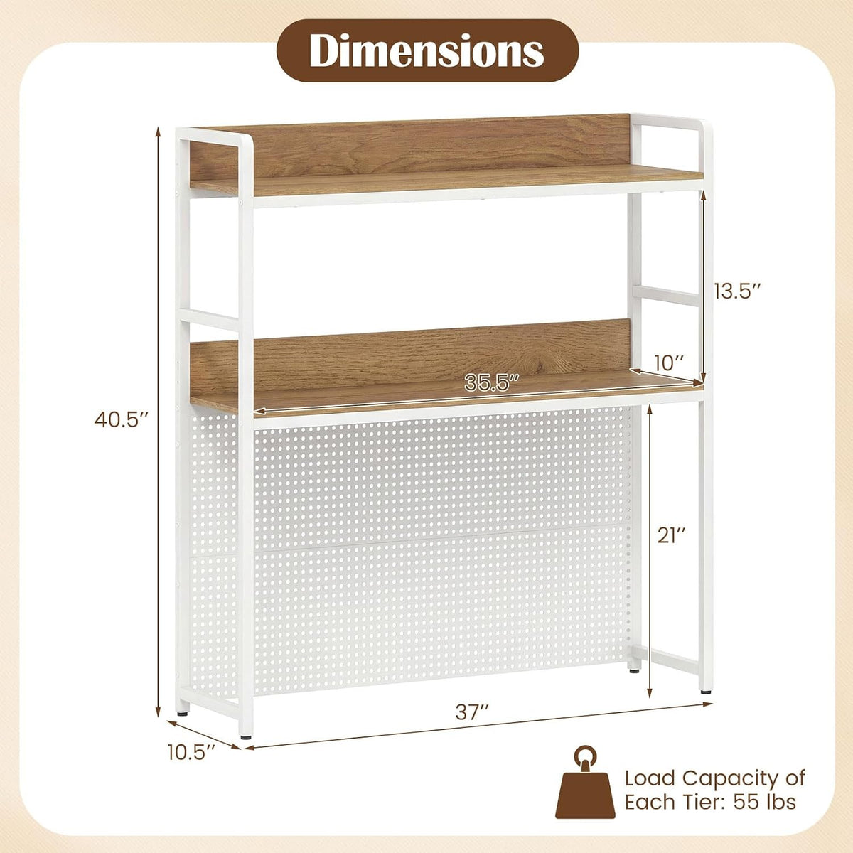 GIANTEX Desktop Bookshelf, 2-Tier Desk Hutch Dorm with Pegboard for up to 32" Computer Monitor, Industrial Countertop Storage Organizer Rack, Desk Shelf for Home Office (Natural)