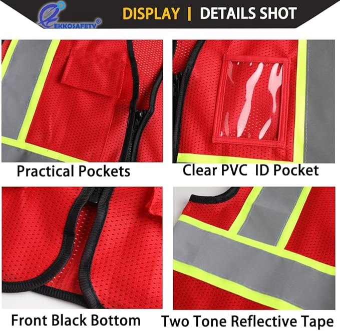 Reflective Mesh Safety Vest for Men Women with 5 Pockets and Zipper Front High Visibility Vest Hi Vis Construction Work Vest,Meets ANSI/ISEA Standards(EK175-Red-L)