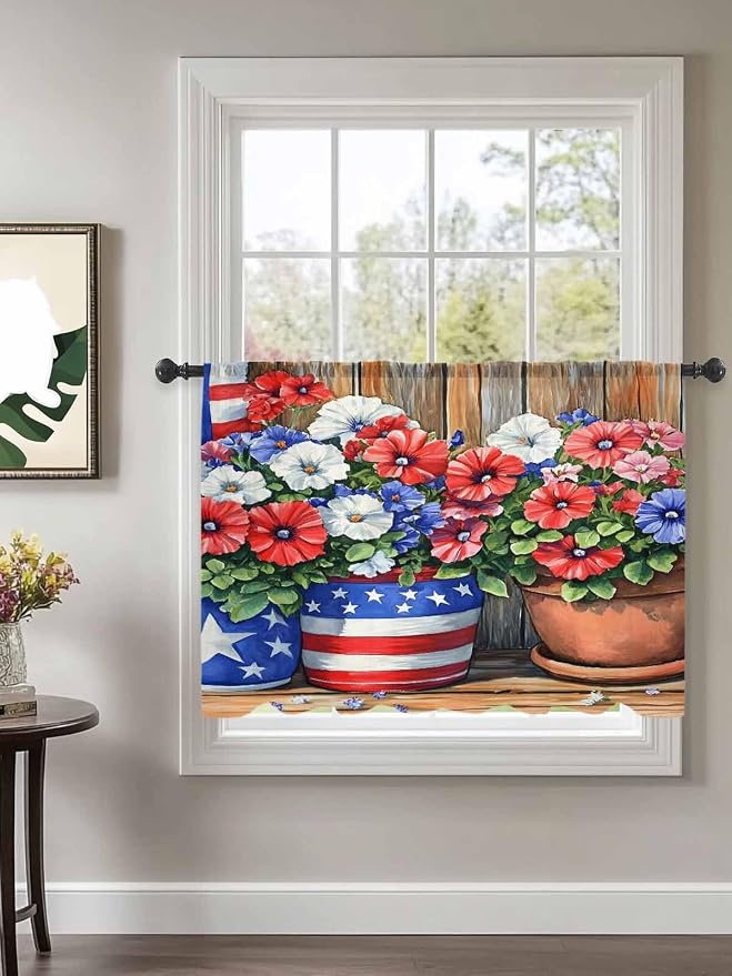 Sheer Curtains 54 Inch Length, Retro Independence Day Flag Wood Grain Privacy
