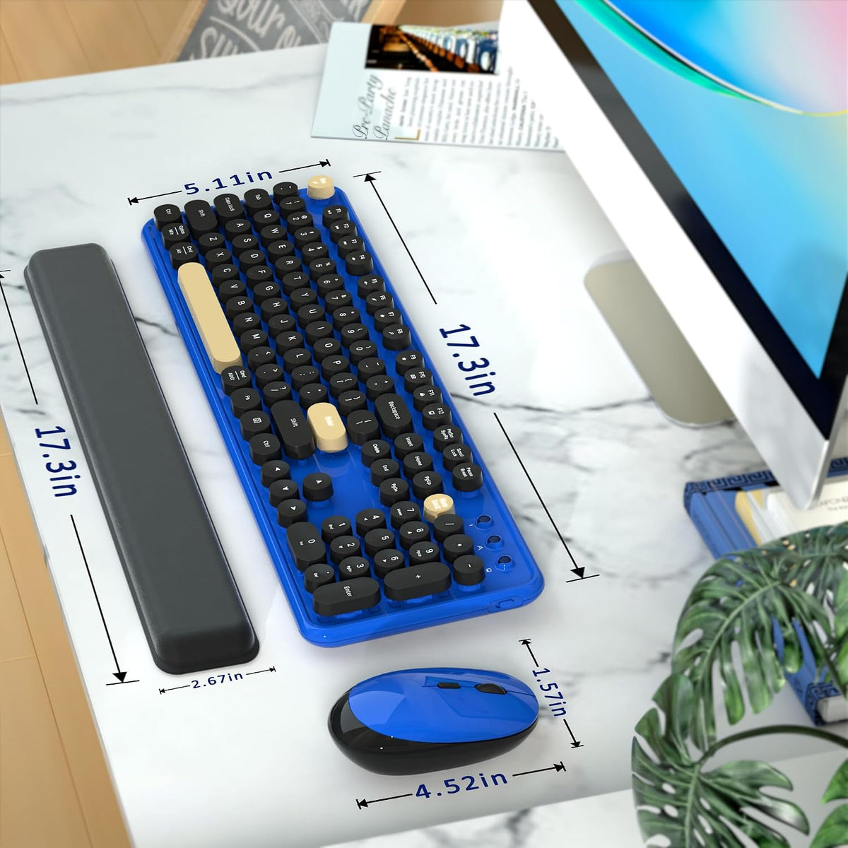 Retro Wireless Keyboard and Mouse Combo with Wrist Rest (Klein Blue)