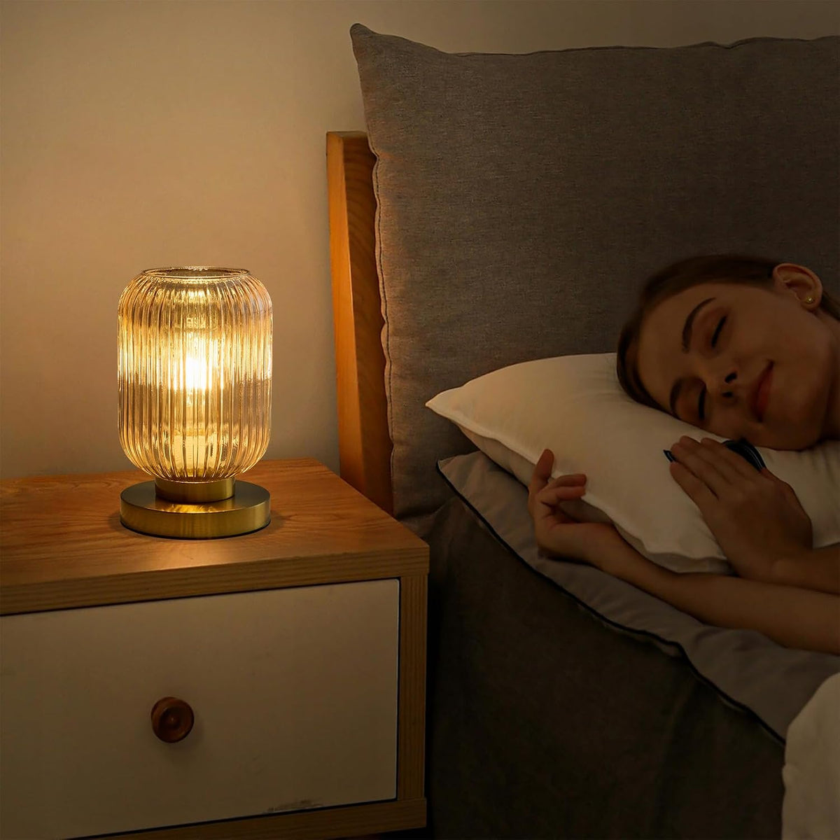 Amber Glass Table Lamp,Vintage Gold Base Ribbed Bedside Lamp