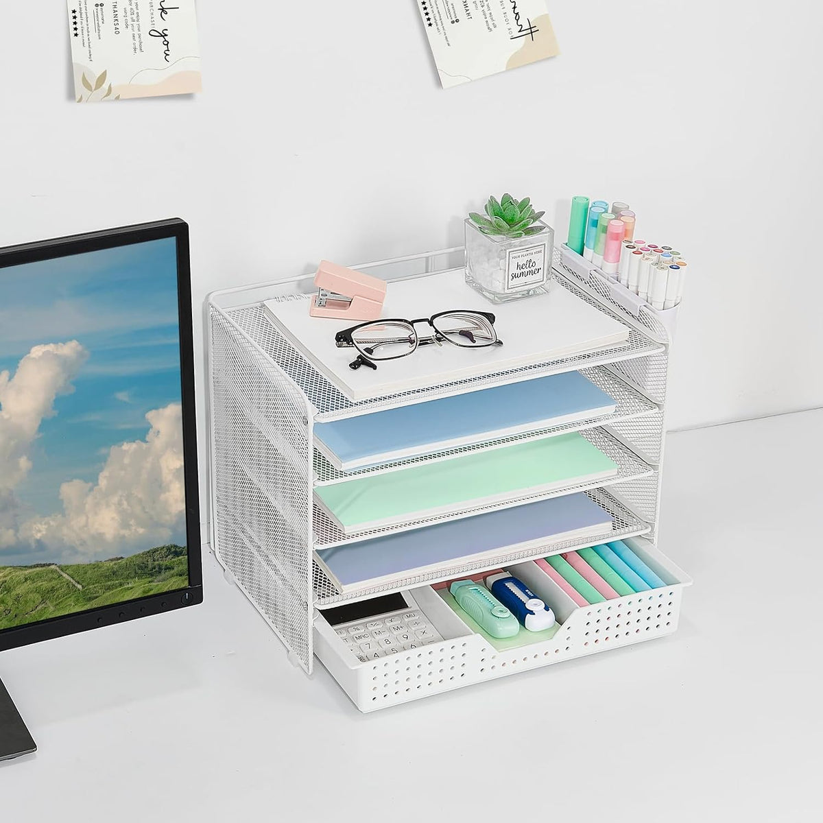 LEKETREE Desk Organizer and Accessories, 5-Tier Paper Letter Tray Organizer with Drawer & 2 Pen Holders for Desktop File Organization, Office Desk Accessories for Supplies Storage (White)