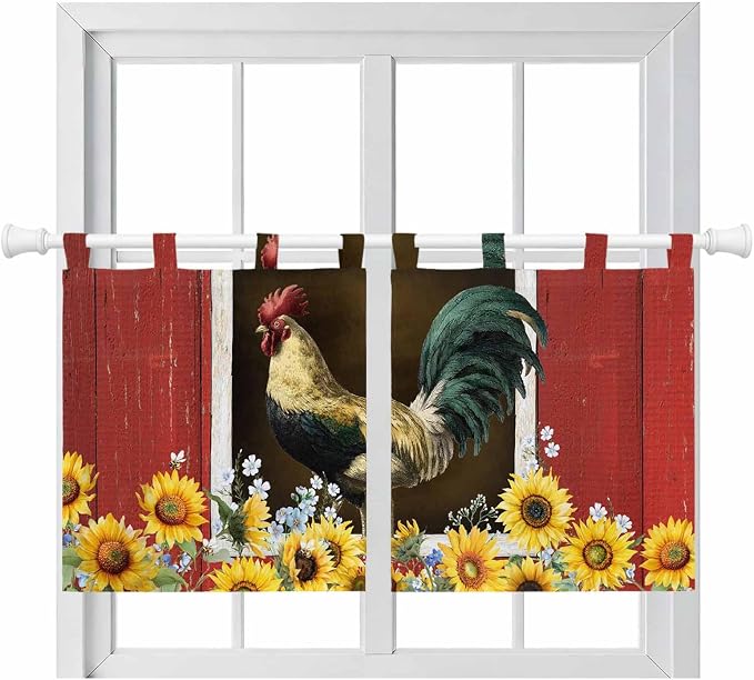 Chicken Sunflowers Kitchen Curtains 24 Inch Length, Small Window Curtains Tab