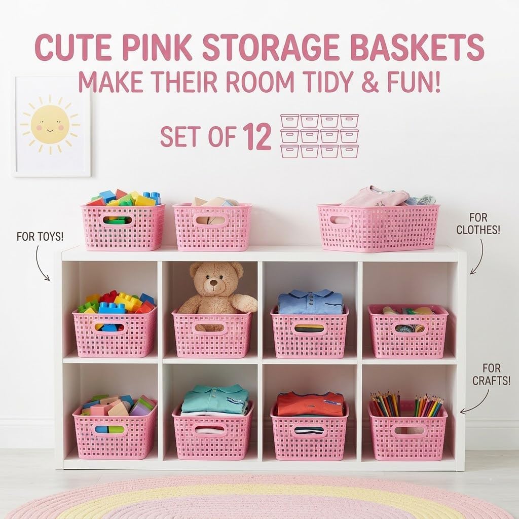 Plastic Storage Baskets/Bins, 12-Pack Stackable Pink Basket Organizer for Bathrooms, Kitchens, Countertops and Bedrooms