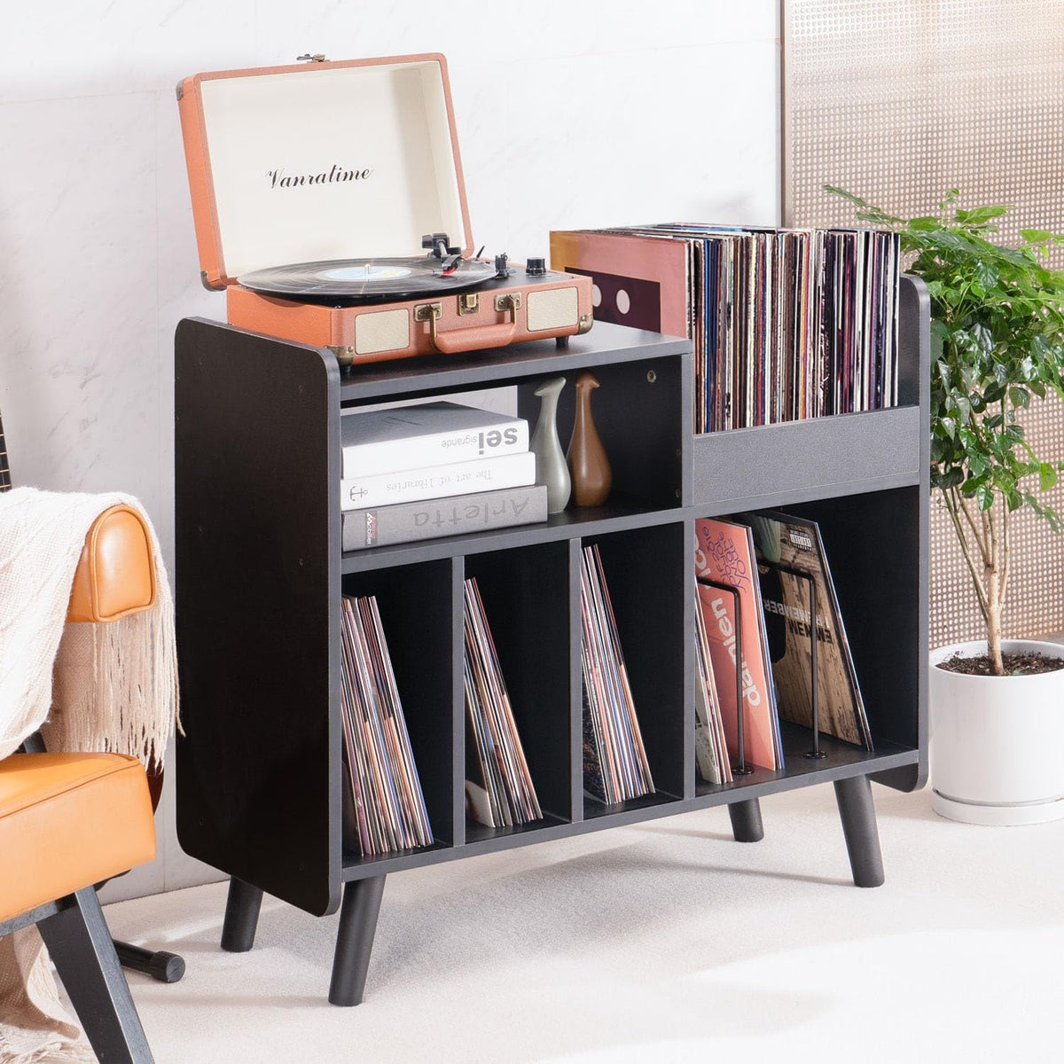 Record Player Stand, Large Record Player Table Cabinet (Black)