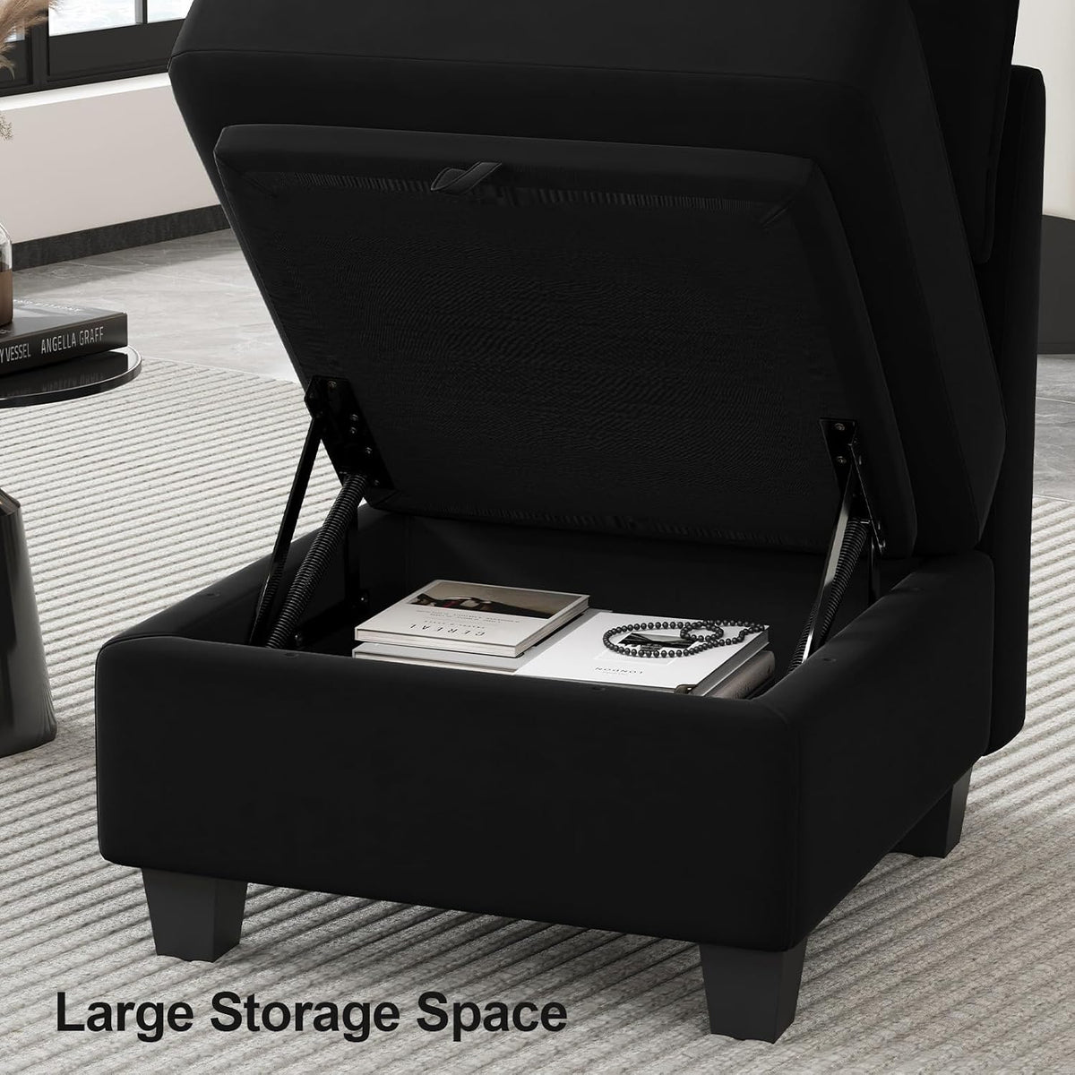 Belffin Modular Sofa Storage Ottoman Module for Velvet Piping Modular Sectoinal Couch, Square Ottoman Footrest, Black