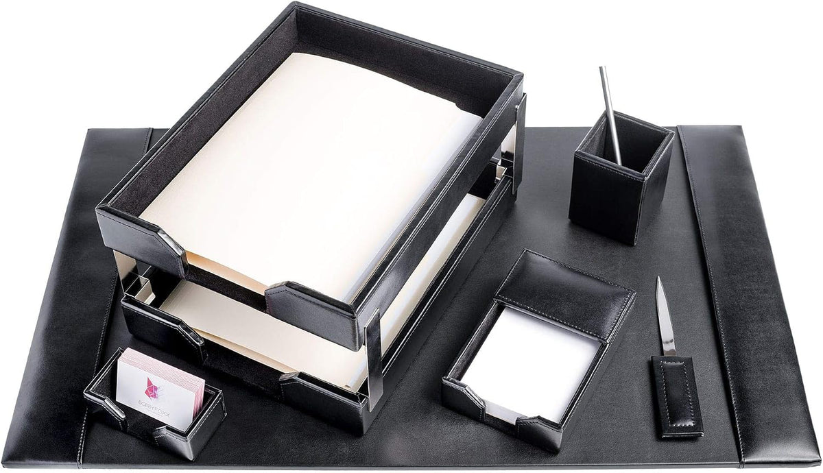 DACASSO Bonded Leather Desk Set - Luxury Leather Desk Pad & Desk Organization Essentials - Office Organization & Executive Desk Decor - (Black, 8 Piece)