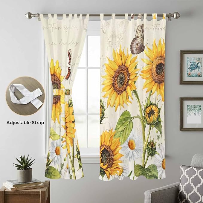 Farm Sunflowers Living Room Curtains 96 Inch Length, Window Curtains Tab Top