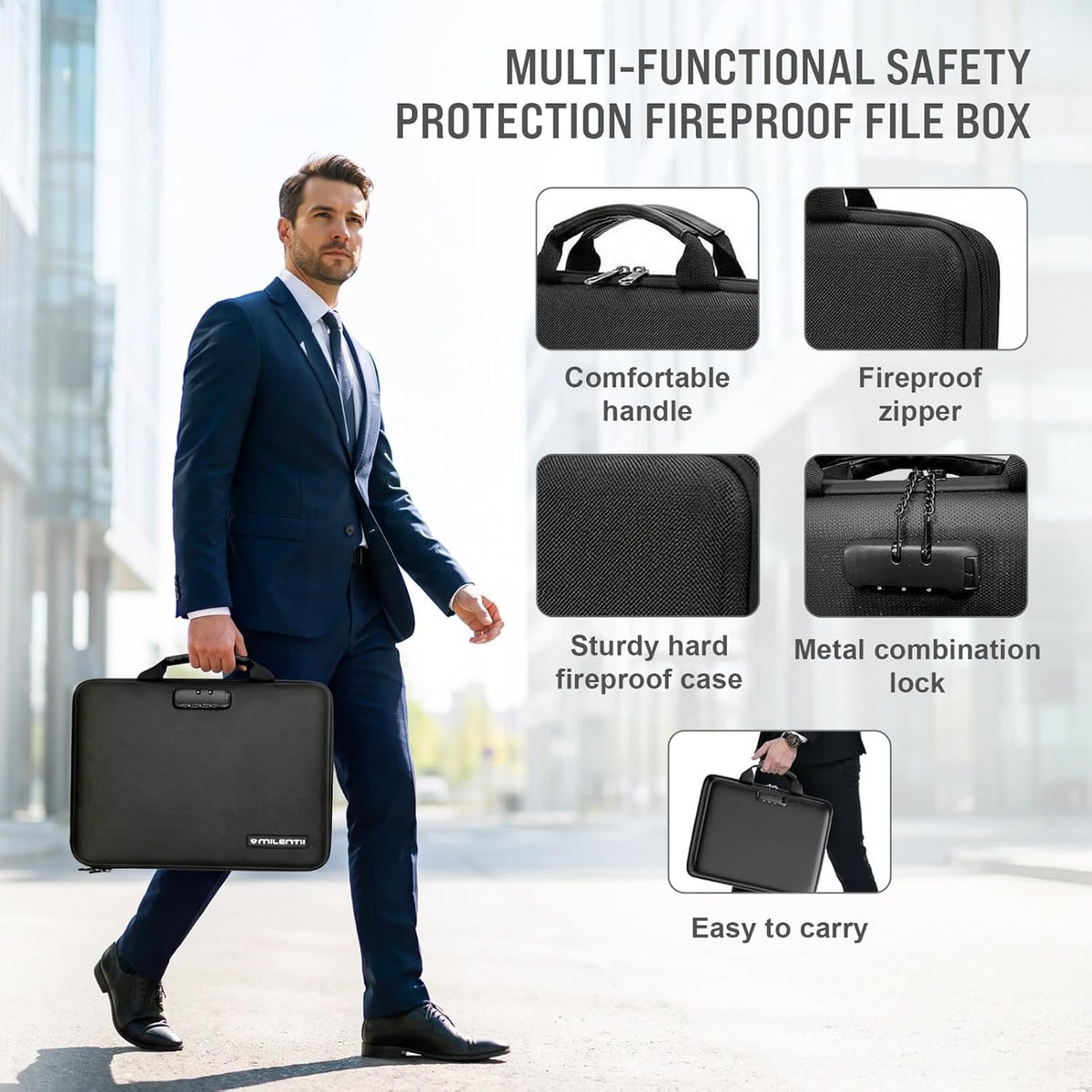 Fireproof Document Bag with Lock & Waterproof File Organizer, Portable Safe Box with 13 Pockets Accordion File Folder, Combination Lock Bag with Handle, Hard-Rubber Briefcase for Home, Office & Travel