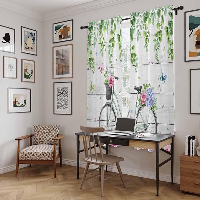 Spring Kitchen Curtains, Bicycles Botanical Rose Leaves Butterfly Wood Grain
